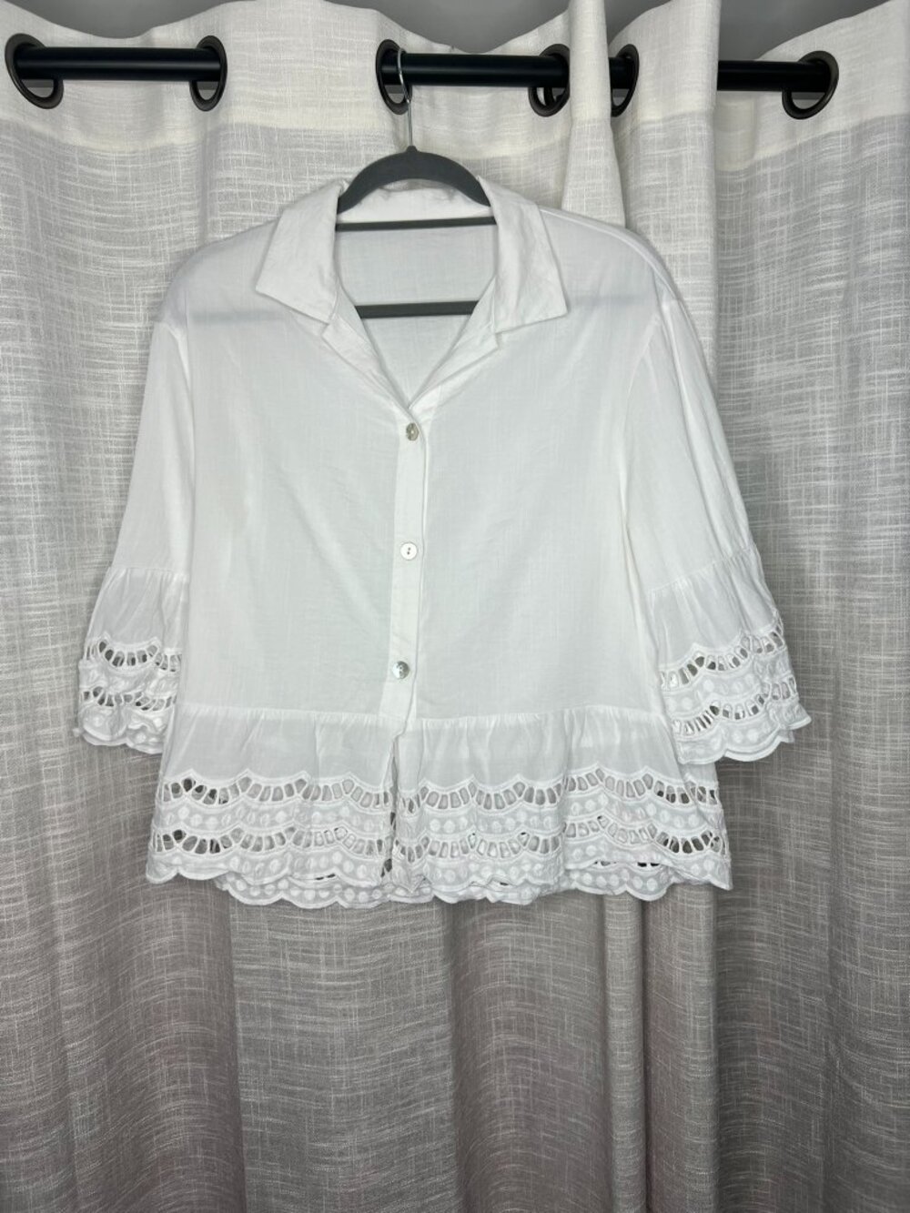 White Collared Button Up Eyelet Fabric Top